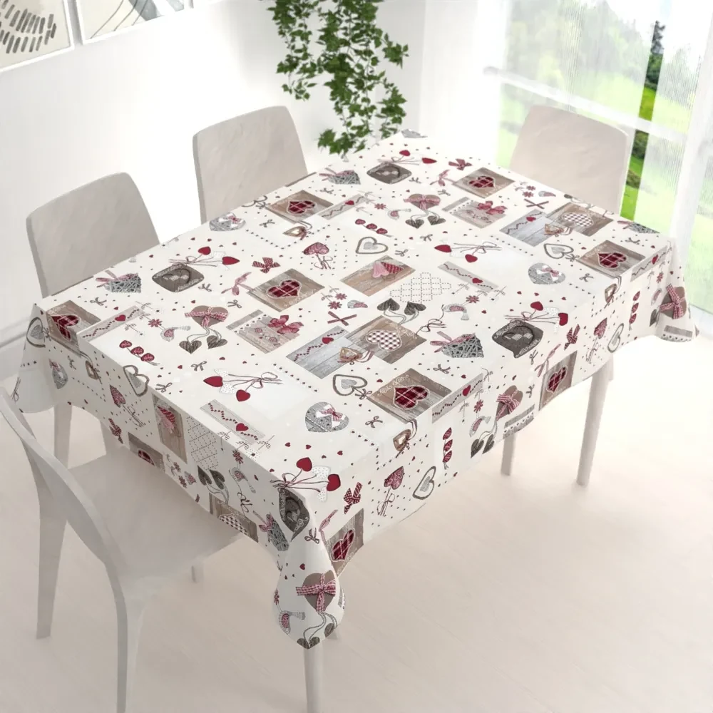 Biante Dekoračný obdĺžnikový obrus Porto PRT-015 Vínovo-sivé srdiečka na krémovom 120x180 cm
