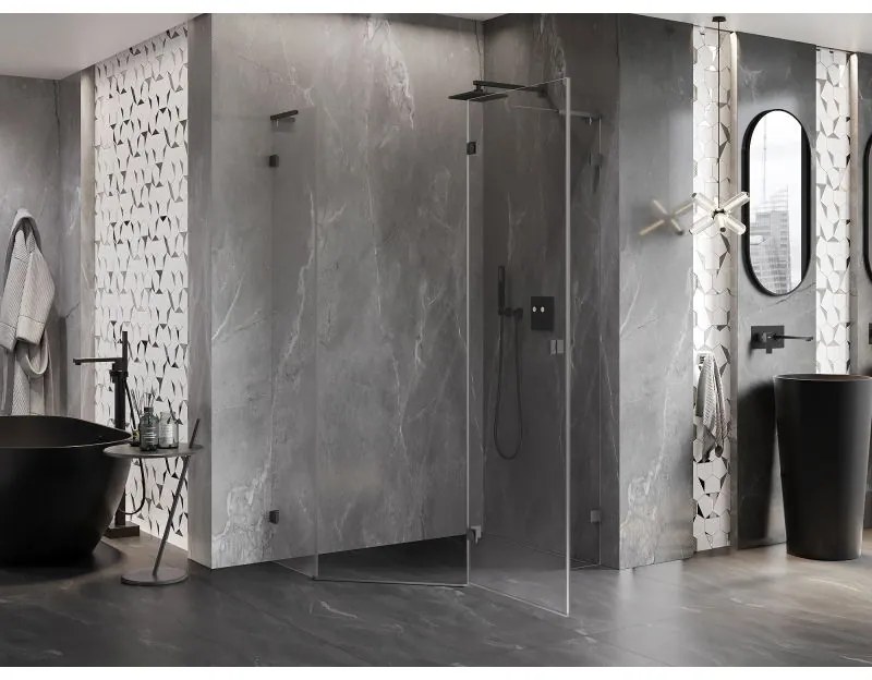Mexen Lunar, L pravý výklopný päťuholníkový sprchový kút 100 x 90 cm, 8mm číre sklo, grafitový profil, 831L-100P-090L-95-00-P