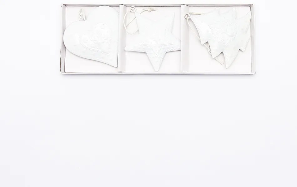 DECOLED Závěsná kovová dekorace, set: hvězda, strom, srdce 7x7x1,2 cm