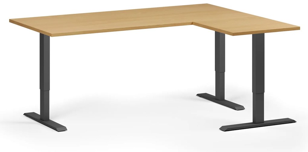 Výškovo nastaviteľný stôl, 180x140 cm, 3 motory, L/P, čierna podnož, buk