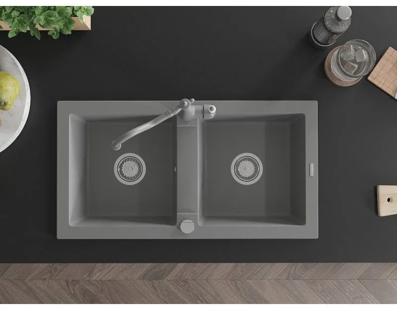 Mexen Mario, granitový drez 820x436x161 mm, 2-komorový a drezová batéria Carla, šedá, 6504-71-670700-71