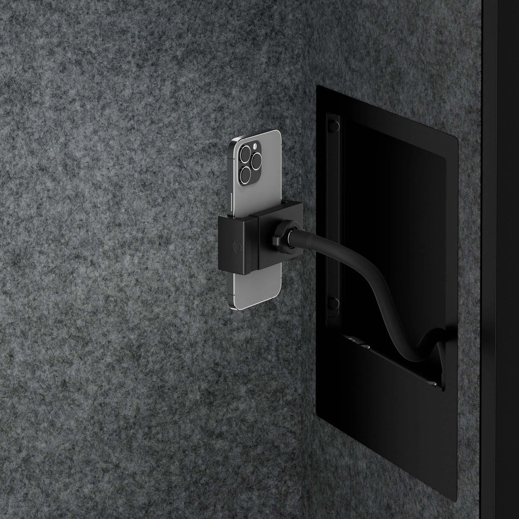 Kancelárska akustická kabína so sedadlom a portom USB-C, telo v čierny / sedák sivá v zelenej farbe, 600 mm: SALLY MentalBox
