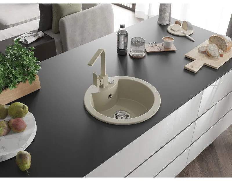 Mexen Diego, 1-komorový granitový drez 488x488x167 mm, chrómový sifón, béžová batéria Rita, béžová, 6512-69-670300-69
