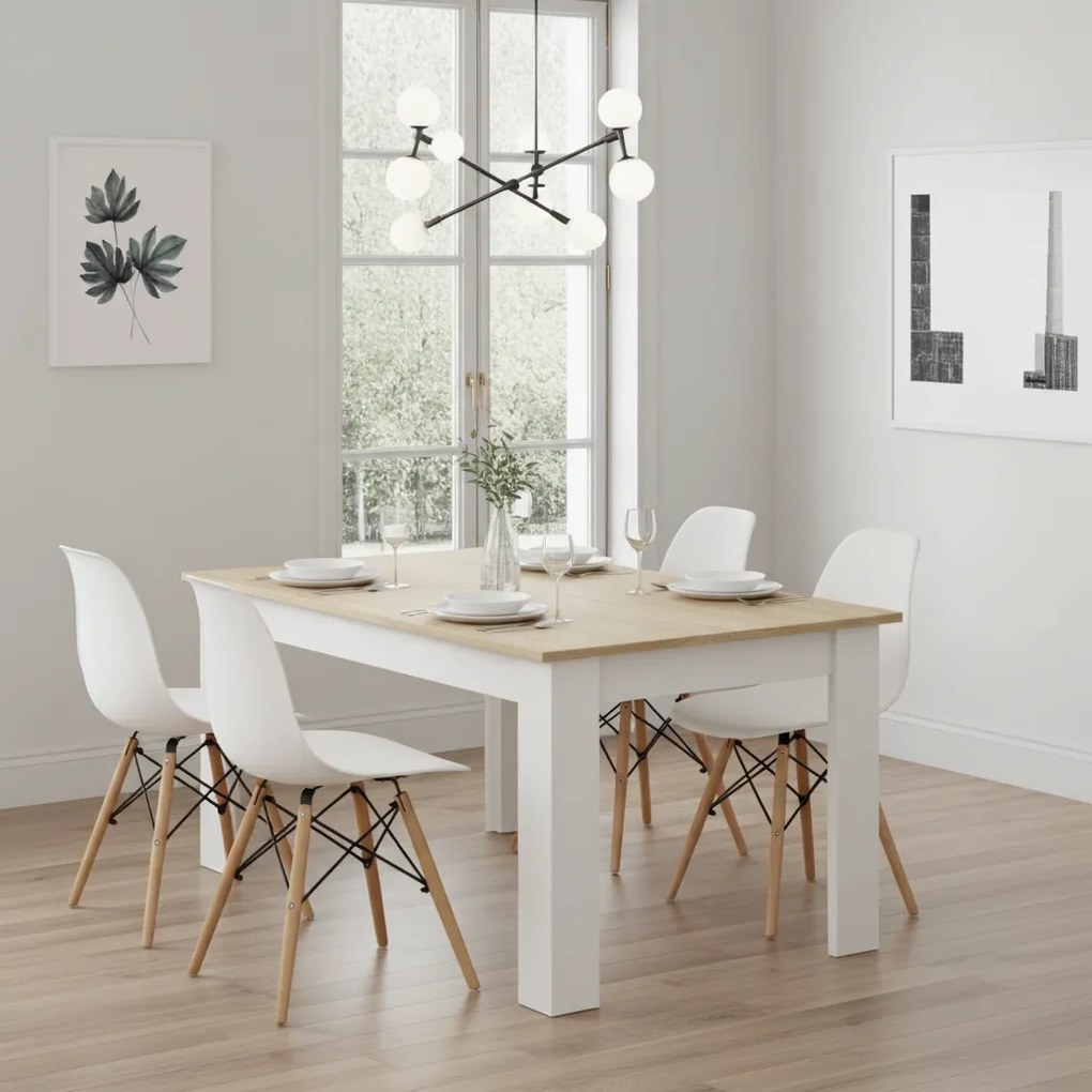 Jedálenská zostava stôl Dub sonoma 120 x 80cm biele nohy + 4 stoličky OSAKA biele / prírodné nohy