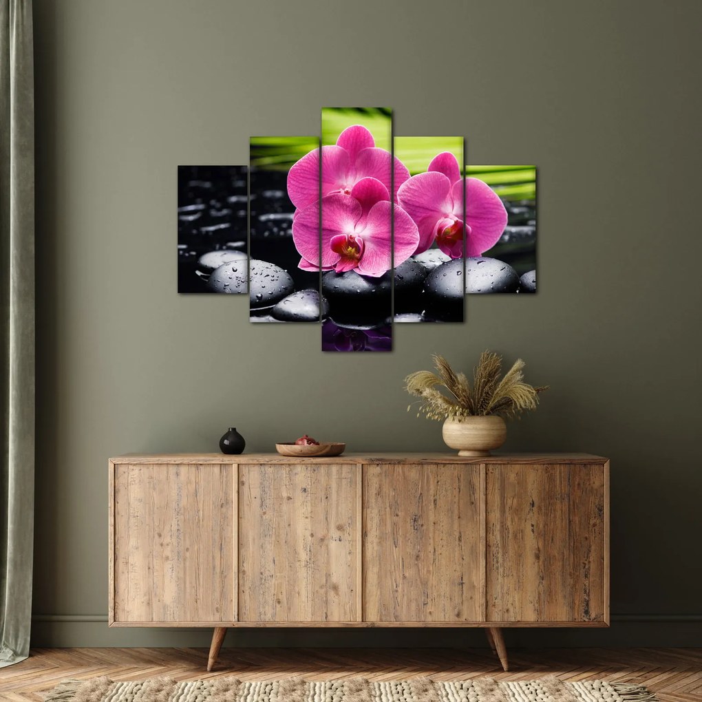 Obraz - Ružové orchidey s palmovým listom (150x105 cm)