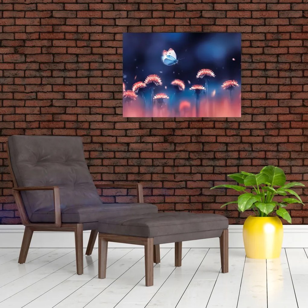 Obraz púpav s modrým motýľom (70x50 cm)