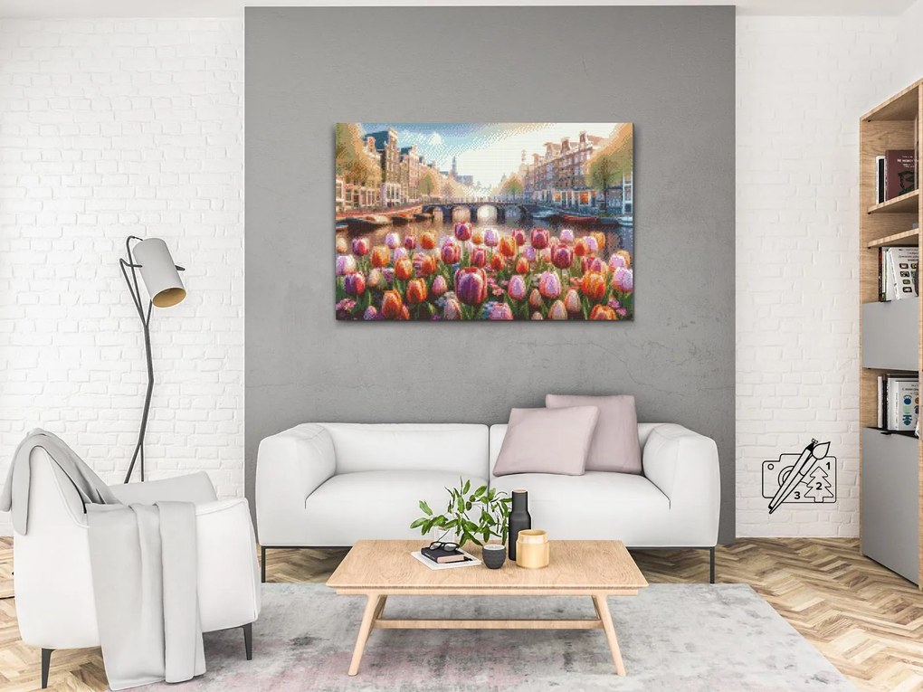 Gario Diamantové maľovanie Tulipány s výhľadom na most Rozmery: 40 x 60 cm, Rámovanie: Iba zrolované plátno, Diamanty: Okrúhle