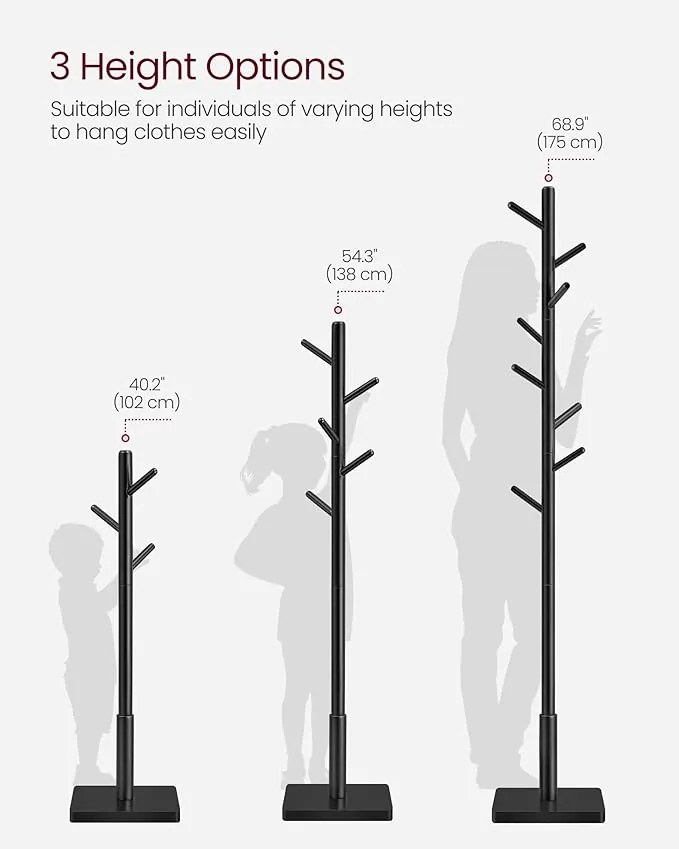 Stojací masívny drevený vešiak s nastavením výšky v čiernej farbe