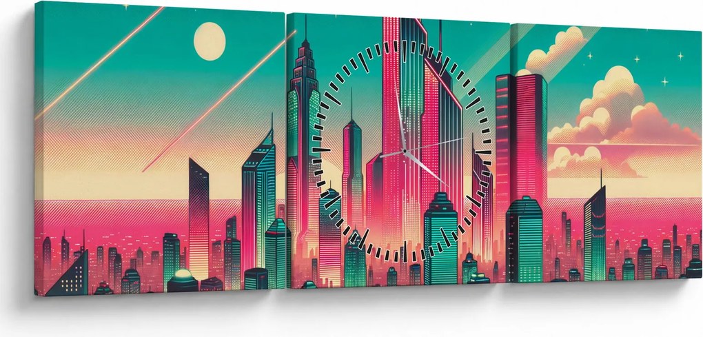 Obraz – Veľkomesto v pop-art štýle (s hodinami) (90x30 cm)