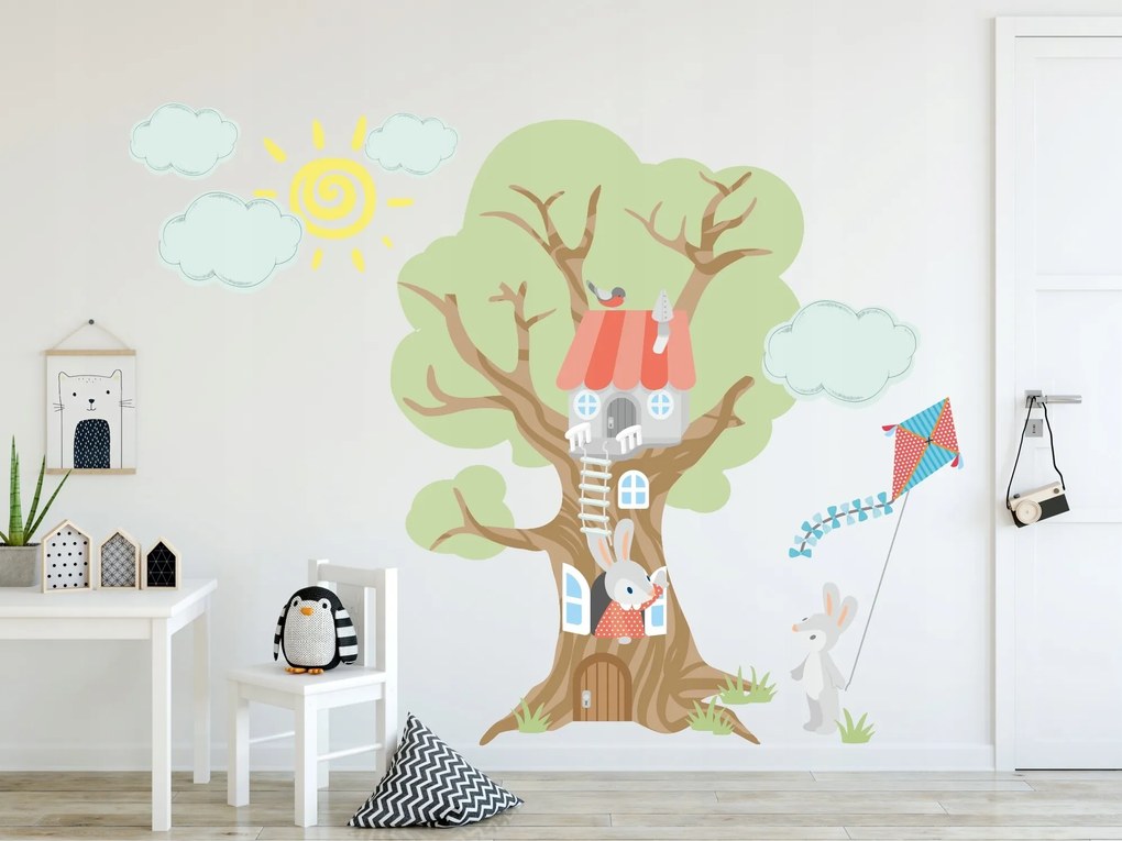Moderná detská nálepka stenu zajačia rodinka zo stromu 100 x 200 cm
