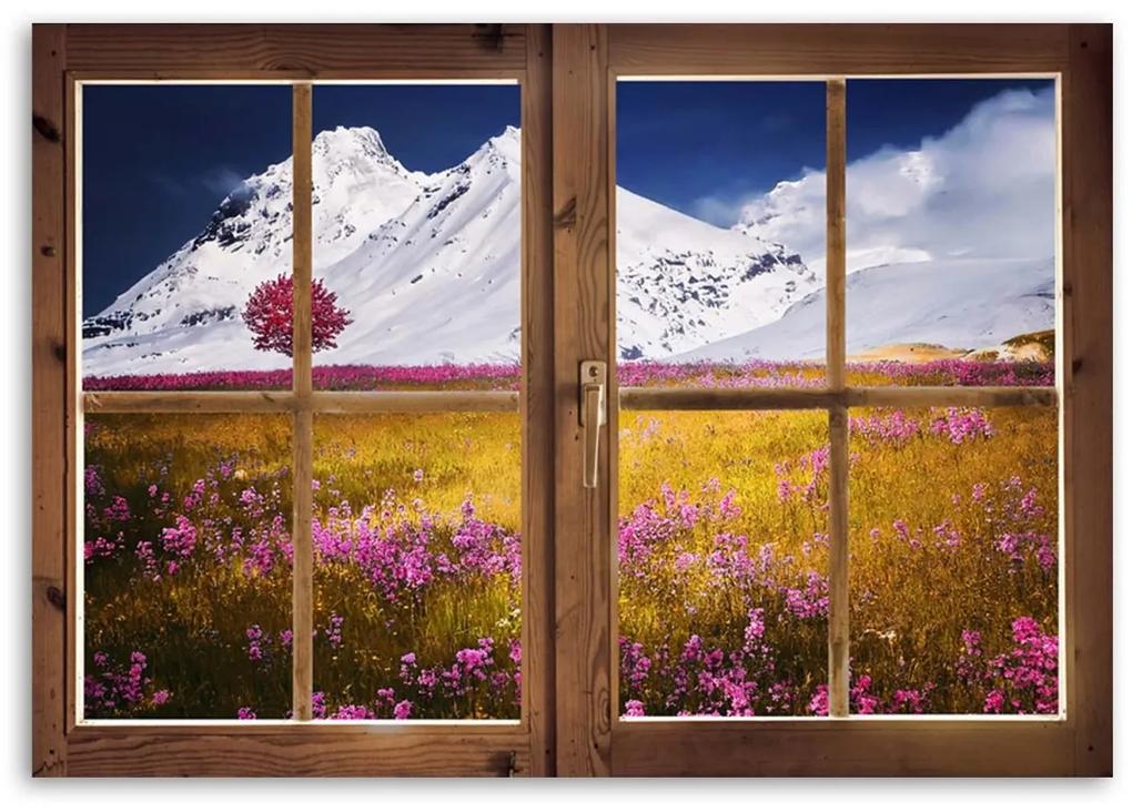 Obraz na plátně Okno Květiny Příroda Hora - 120x80 cm