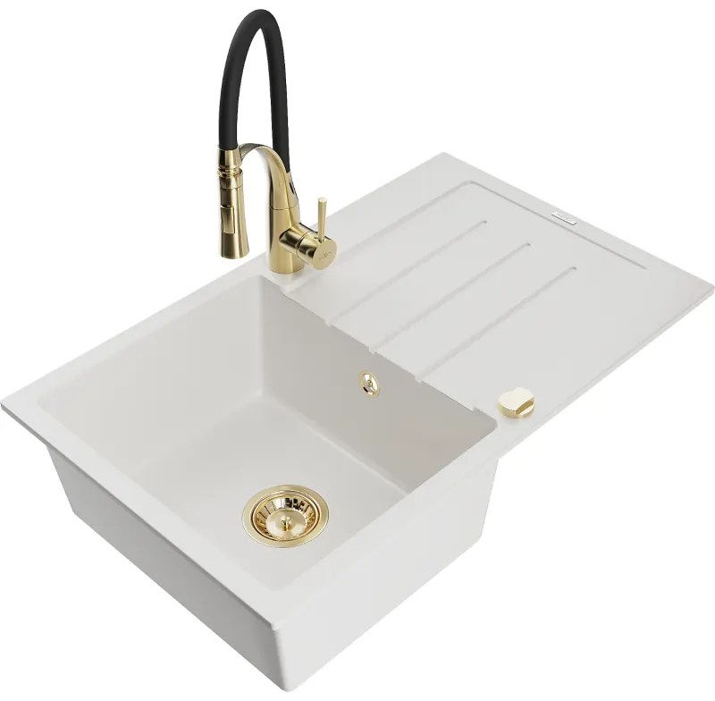 Mexen Bruno, 1-komorový granitový drez 795x495x200 mm a drezová batéria Aster, biela, 6513-20-73450-57-G