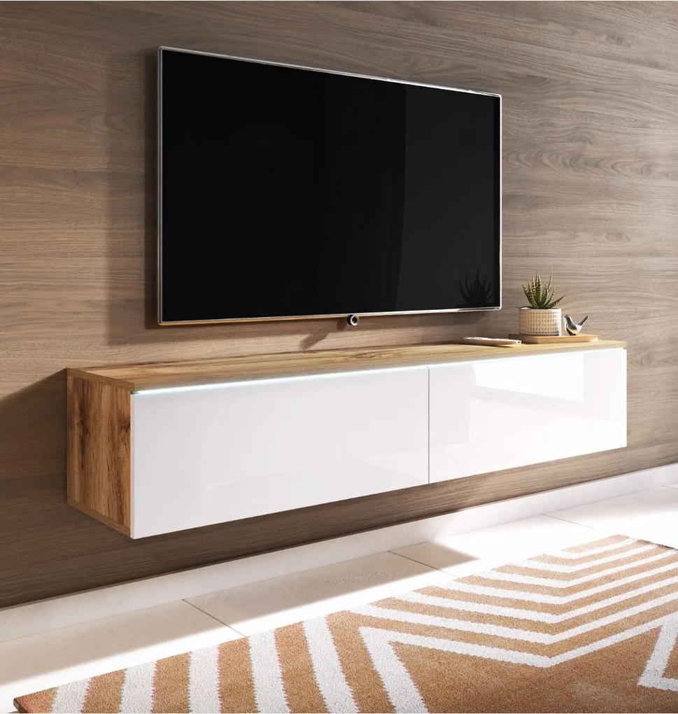 TV skrinka LED 140 cm závesná alebo stojaca dub wotan/biely lesk Lowboard D