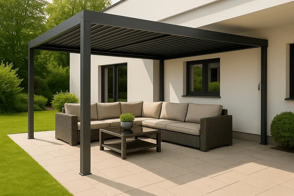 ZÁHRADNÉ KOMBO bioklimatická pergola s lamelami BestBerg BBP-12G + záhradný jedálenský set 6+1 BestBerg BBGF-53B
