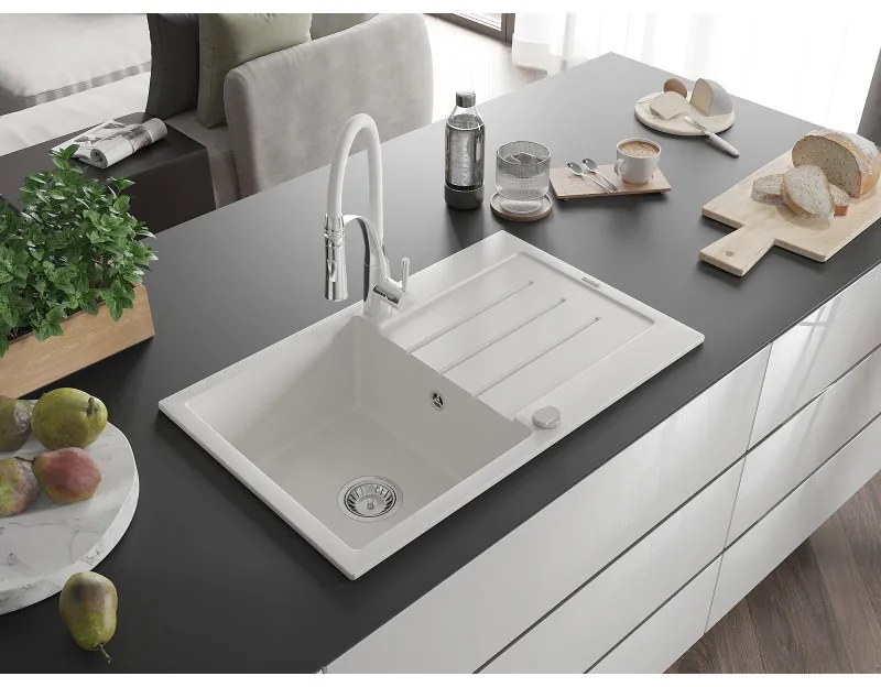 Mexen Bruno, 1-komorový granitový drez 795x495x200 mm a drezová batéria Aster, biela, 6513-20-73450-02