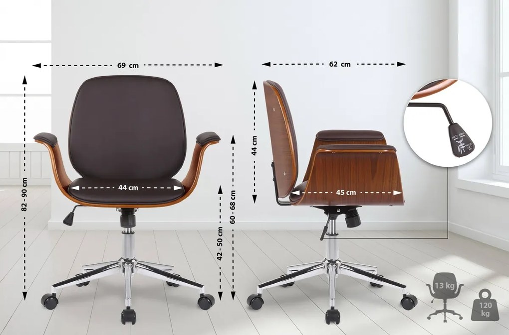 Design-Shop Kancelárska stolička Kemberg - koženka, drevo orech - Hnedá