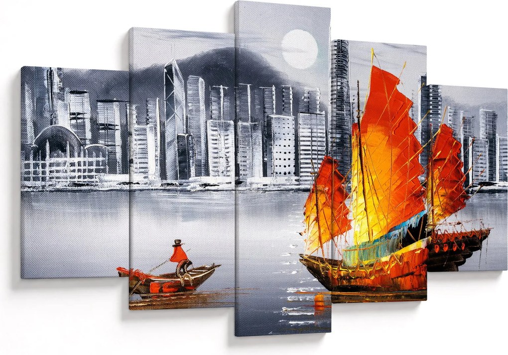 Obraz - Victoria Harbor, Hong Kong, čiernobiela olejomaľba (150x105 cm)
