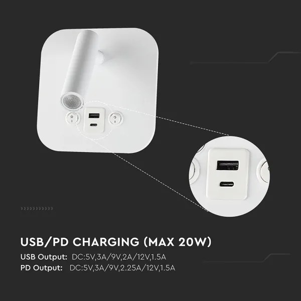 LED nástenné bodové svietidlo s USB portom LED/8W/230V 3000K biela
