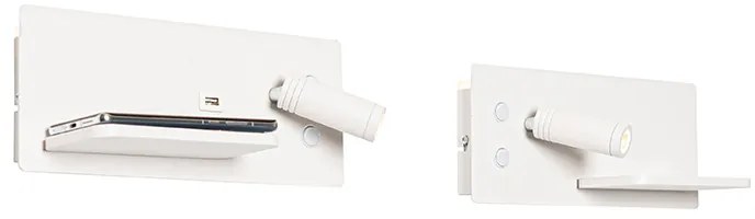 Sada 2 nástenných svietidiel bielych vrátane LED s USB a indukčným nabíjaním - Riza