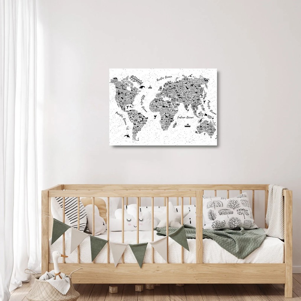 Sklenený obraz - Mapa z piktogramov (70x50 cm)