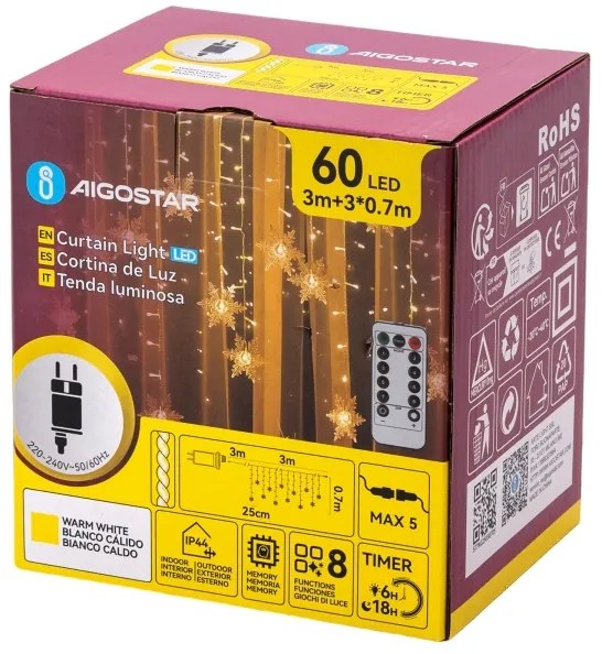Aigostar - LED vonkajšia vianočná svetelná reťaz 120xLED / 6 W / 230 V / 8 režimov / 3x0,7 m / IP44 / teplá biela + diaľkové ovládanie