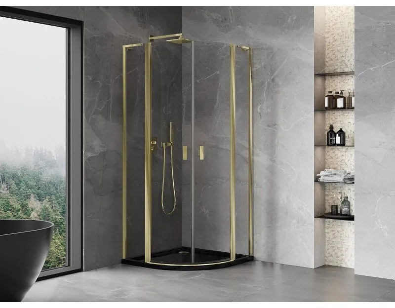 Mexen Mist L, štvrťkruhový sprchový kút s 2-krídlovými dverami, 90 x 90 cm, 8mm číre sklo, zlatý lesklý profil, 8A32L-090-090-50-00