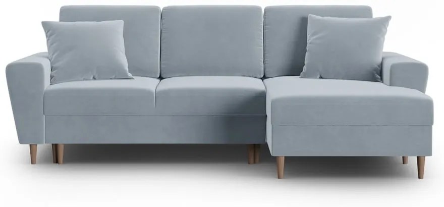Svetlomodrá zamatová rozkladacia/s úložným priestorom rohová pohovka (pravý roh/s leňoškou) Kyoto – Cosmopolitan Design