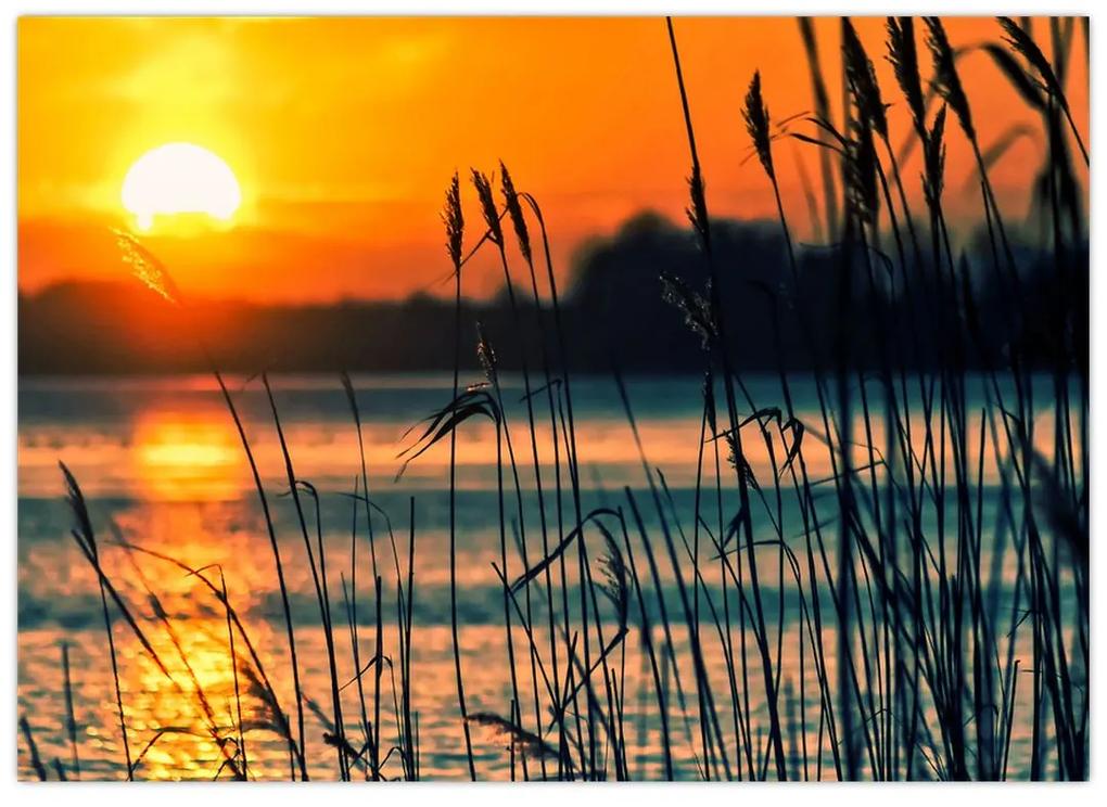 Sklenený obraz - Západ slnka nad jazerom (70x50 cm)