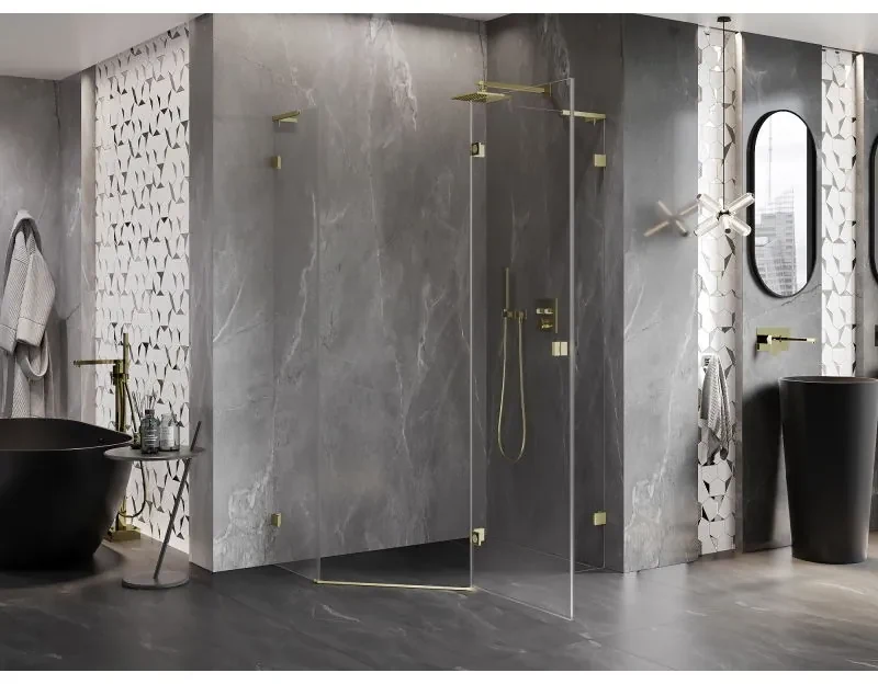 Mexen Lunar, L pravý výklopný päťuholníkový sprchový kút 100 x 80 cm, 8mm číre sklo, zlatý matný profil, 831L-100P-080L-55-00-P
