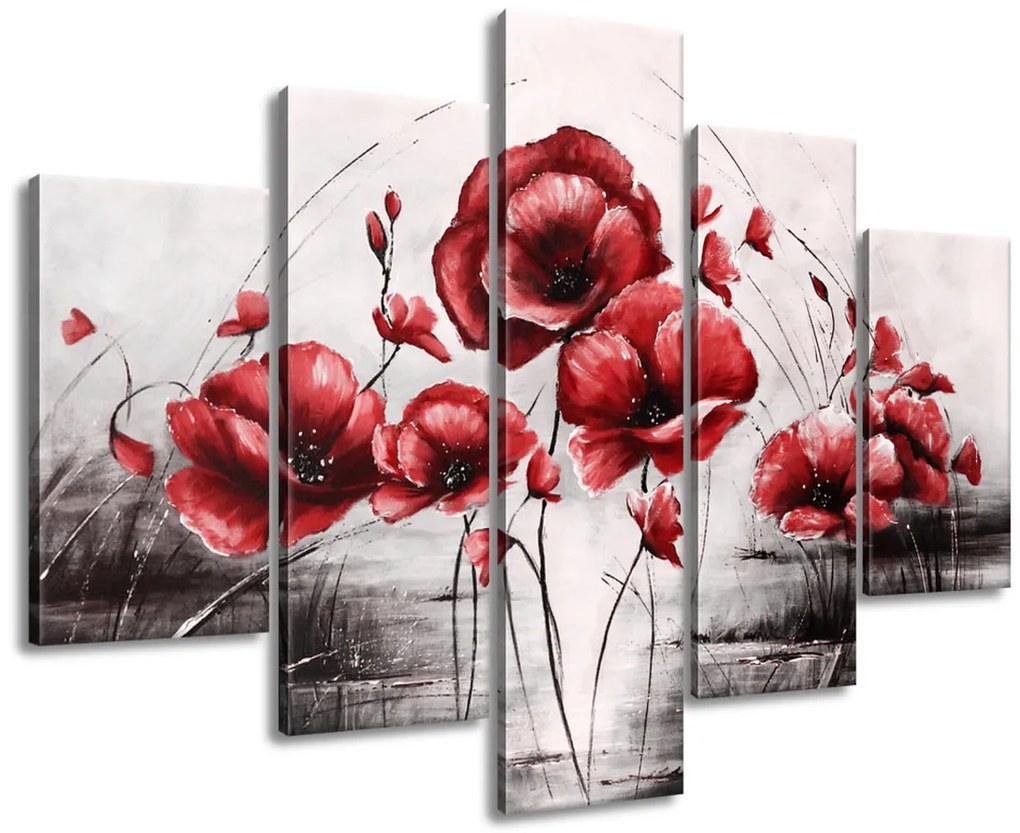 Gario Ručne maľovaný obraz Červené Vlčie maky - 5 dielny Rozmery: 150 x 70 cm