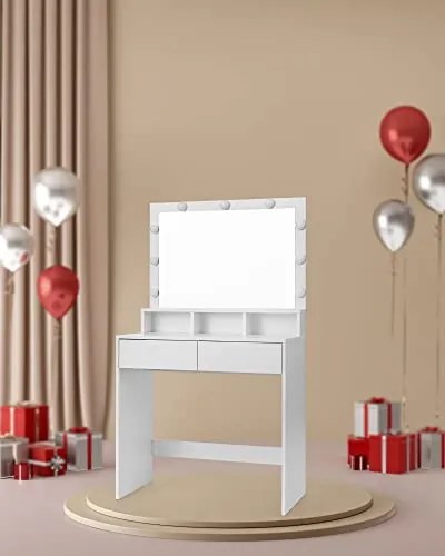 SongmicsHome Toaletný stolík VANESA s veľkým zrkadlom a osvetlením, 80x40x140cm, biela