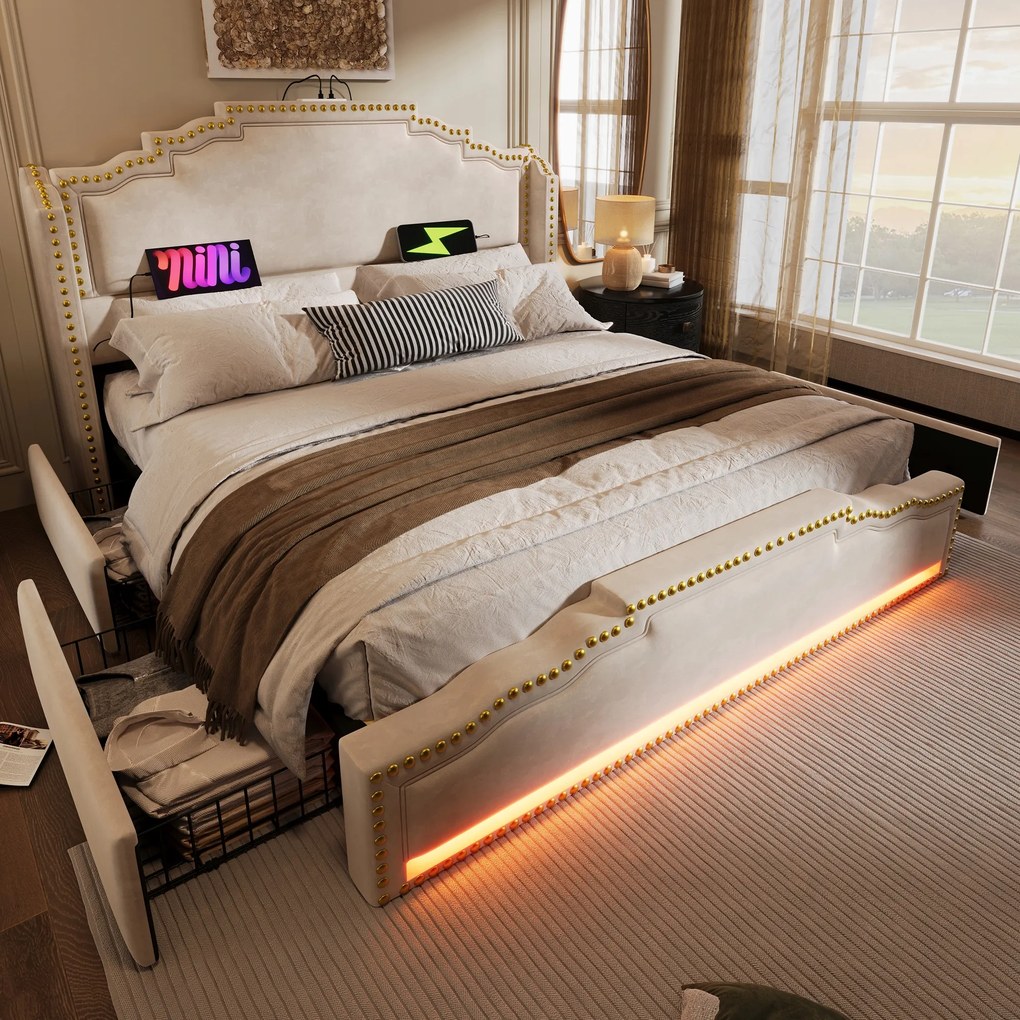 Čalúnená dvojlôžková posteľ 4 zásuvky Led Usb-c 160x200 cm béžová matrac