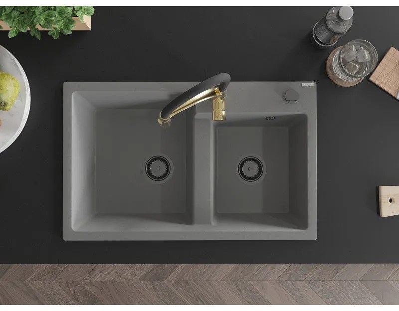 Mexen Tomas, 2-komorový granitový drez 800x500x190 mm a drezová batéria Aster, šedá, 6516-71-73450-57-B