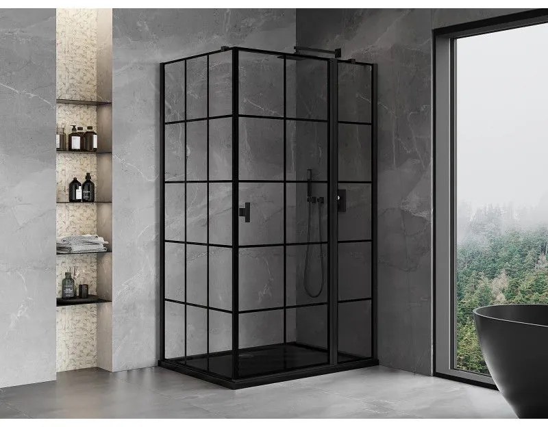 Mexen Mist T, sprchový kút s krídlovými dverami, pravý, 90 x 115 cm, 8mm číre sklo, čierny profil, 8A4T-115-090-70-77-P