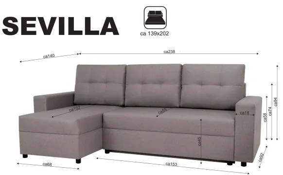 Univerzálna rohová sedačka SEVILLA s funkciou spania a úložným priestorom, sivá