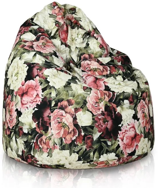 Sedací vak Pivónie – pohodlný vak v tvare hrušky s romantickým kvetinovým vzorom Veľkosť: L