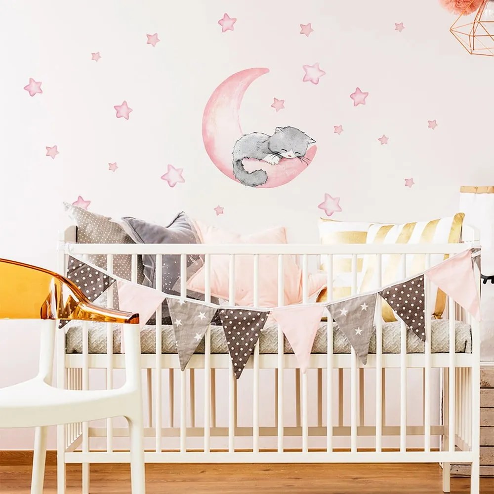 Ružové detské samolepky na stenu Ambiance Magic Cat