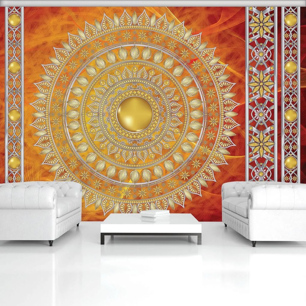 Fototapeta - Zlatá mandala v červenej (254x184 cm)