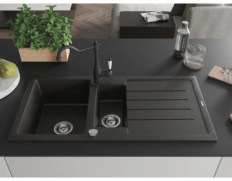 Mexen Andres, granitový drez 1000x500x200 mm, 1,5-komorový a drezová batéria Carla, čierna-zlatá metalíza, 6515-75-670700-70