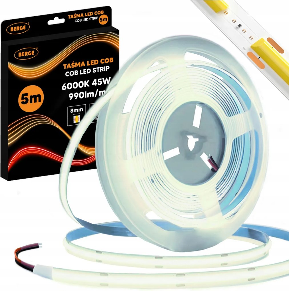 BERGE LED pásik COB Neon 12V - 480D - 9W/m - IP20 - 990lm - 5m - studená farba