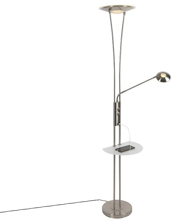 Stojaca lampa z ocele s ramenom na čítanie vrátane LED a USB portu - Sevilla
