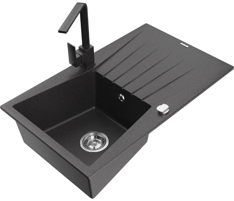 Mexen Cesar, granitový drez 775x470x190 mm, 1-komorový, čierna škvrnitá s chrómovým sifónom a čierna škvrnitá drezová batéria Rita, 6514-76-670300-76