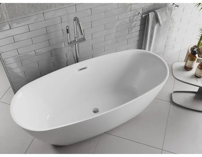 Mexen Luvo Slim, voľne stojaca vaňa 170 × 75 cm, biela lesklá, chrómový prepad, 52801707500-01