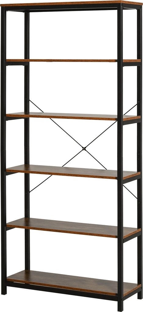 HOMCOM Retro Knižnica v Priemyselnom Štýle s 6 Otvorenými Policami na Knihy a Systémom proti Prevrhnutiu 80x30x180 cm Rustikálna Hnedá | Aosom