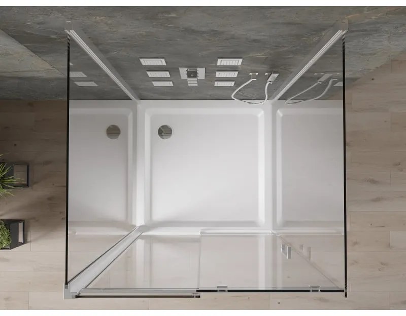 Mexen Omega, 3-stenový sprchovací kút s posuvnými dverami 100 (dvere) x 100 (stena) x 190 cm, 8mm číre sklo, chrómový profil + biela sprchová vanička SLIM, 825-100-100-01-00-3s-4010