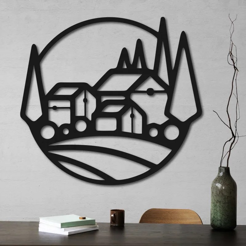 Drevený nástenný obraz - Krajina s domčekmi a stromami | SENTOP PR0431-C