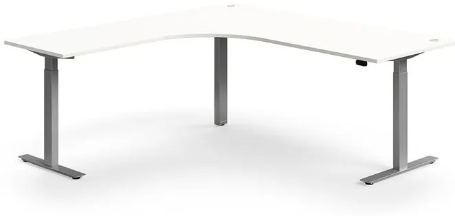 Výškovo nastaviteľný stôl FLEXUS, rohový, 2000x2000 mm, strieborný rám, biela