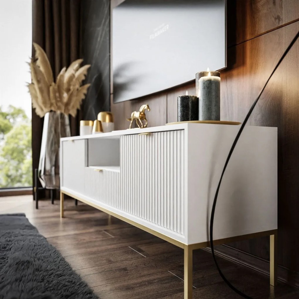 TV STOLÍK VIGGO BIELY + ZLATÝ PODSTAVEC 154 cm