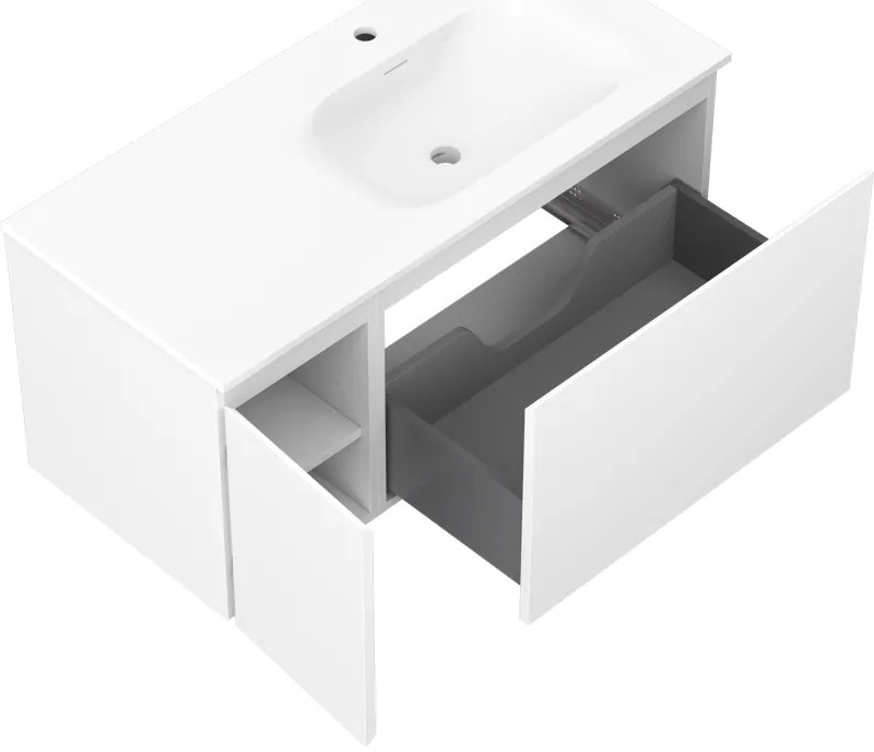 Mexen Orio, kúpeľňová skrinka 100 cm s pravým umývadlom Vela, 1S, 1D, biela matná, 91A13-10047-3-BBFF01-W23P01