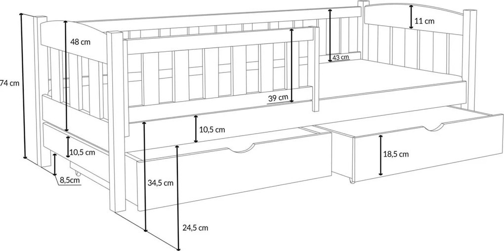 Detská posteľ z masívu borovice BEN so šuplíkmi - 200x90 cm - KAŠMÍROVÁ